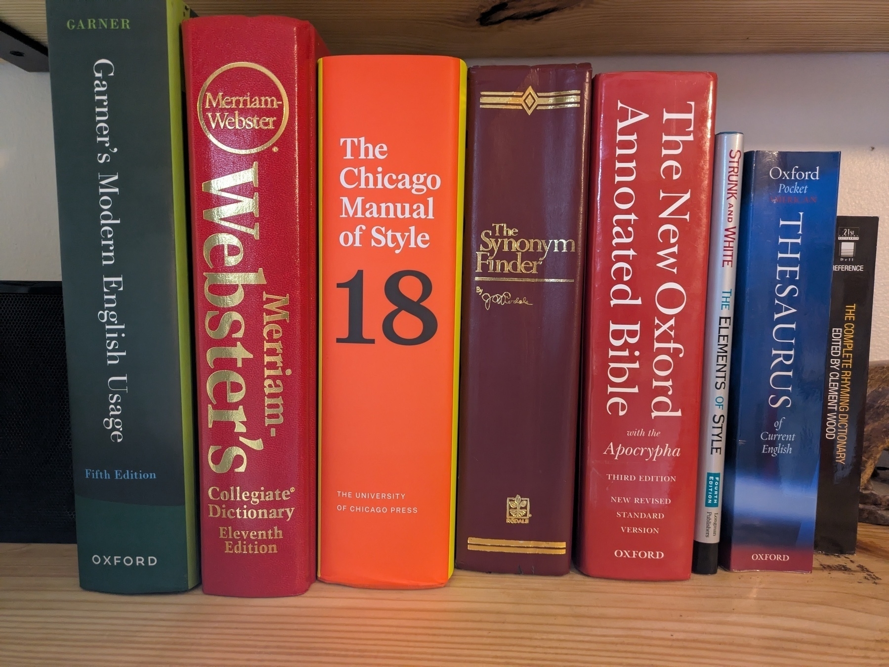 A row of english reference books on a wooden shelf.